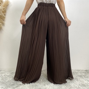 2296# Pleated Chiffon Gorgeous Wide Leg Pants With Elastic Waistband Islamic Women <b>Summer</b> Fashion Long Trousers 3 Colors - Product Image 3
