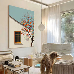 Pintura al Óleo Moderna Minimalista, Árbol de Caqui, Arte de Pared Rectangular Enmarcado, Decoración para Sala de Estar, Fondo de Sofá - Product Image 5