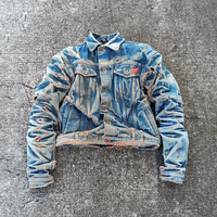 Veste en jean multi-poches personnalisée OEM pour homme, style streetwear déchiré et vieilli, effet délavé à l'acide, vintage
