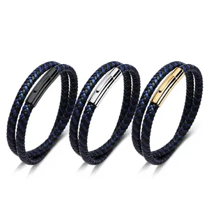 korean and japan style men and women's double-row blue braided leather wrap rope wrist bracelet
