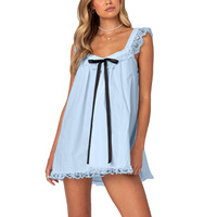Nouvelle Arrivée Robe Courte Style Poupée pour Femme, Style Resort, Douceur Estivale, Dos Nu à Nœud Papillon, Bordée de Dentelle, Coupe Ample, Modèle 4005