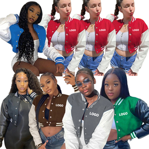 Women's 380 Gsm Baseball Fleece Cropped <b>Jacket</b> <b>Long</b> Sleeve Button Stand Collar PU <b>Leather</b> Custom Logo Printing for Autumn - Product Image 1