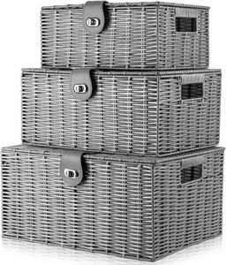 Pure grey color Set of 3 Woven basket for storage plastic storage basket with holes