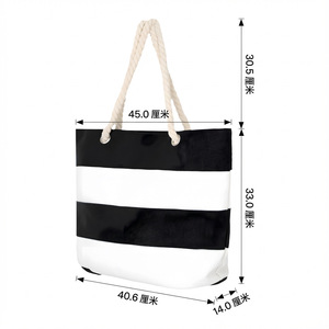 Women's Canvas Beach Bag With Rope Handle Zipper Closure Striped Patchwork Design Large Capacity For Travel Shopping - Product Image 3
