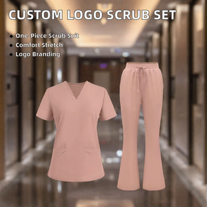 Women Pink <b>Scrub</b> Set V-Neck Top With Pockets And Drawstring Pants Hospital Uniforms Cotton Polyester Woven Fabric - Product Image 2