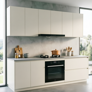 Ensemble d'armoires de cuisine compactes à une ligne, blanc crème, style minimaliste, avec tiroirs et <span class=keywords><strong>four</strong></span> noir intégré - Product Image 1