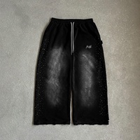 Custom 100% Cotton Heavyweight Vintage Acid Wash Pants Distressed Raw Hem Oversized Stacked Baggy Rhinestone Sweatpants