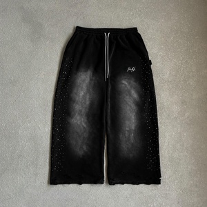 Pantaloni Vintage Personalizzati 100% Cotone Pesante con Lavaggio Acido, Orlo Grezzo, <span class=keywords><strong>Oversize</strong></span>, Stile Baggy con Strass - Product Image 3