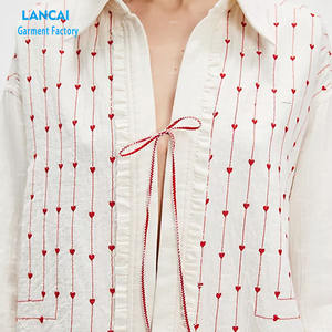 Logotipo personalizado nueva moda bordado mujer camisa de manga larga de tela de algodón Casual camisas de manga larga - Product Image 4