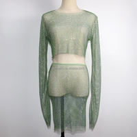 T011 Vente en gros de vêtements de danse exotiques en résille de cristal, tenue de strip-teaseuse, sexy, brillante, transparente, en strass, maille, Y2k, crop top, costumes