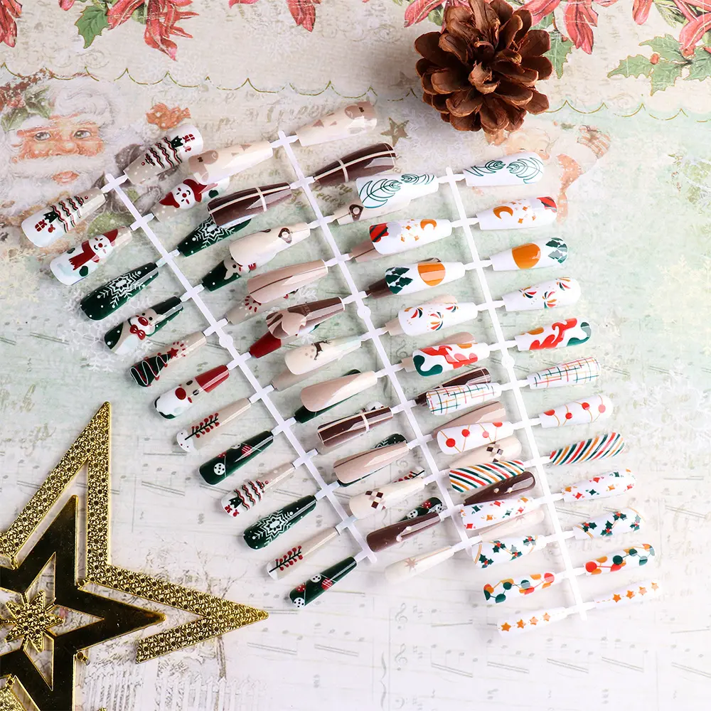 24 pcs /set Christmas Design Nail Art Tips Snowman Artificial Nails Long Coffin False Nail Tips with Jelly Glue