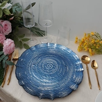 Sous-plats en verre à bords festonnés ronds de 13 pouces, assiettes de présentation en verre bleu pour la mise en table, les événements et les fêtes