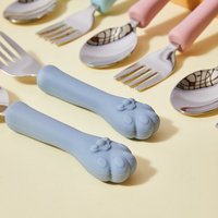 Ensemble de couverts pour enfants, design patte de chat, fourchette et cuillère en silicone et acier inoxydable, sans BPA, poignée antidérapante, lavable, pour les tout-petits