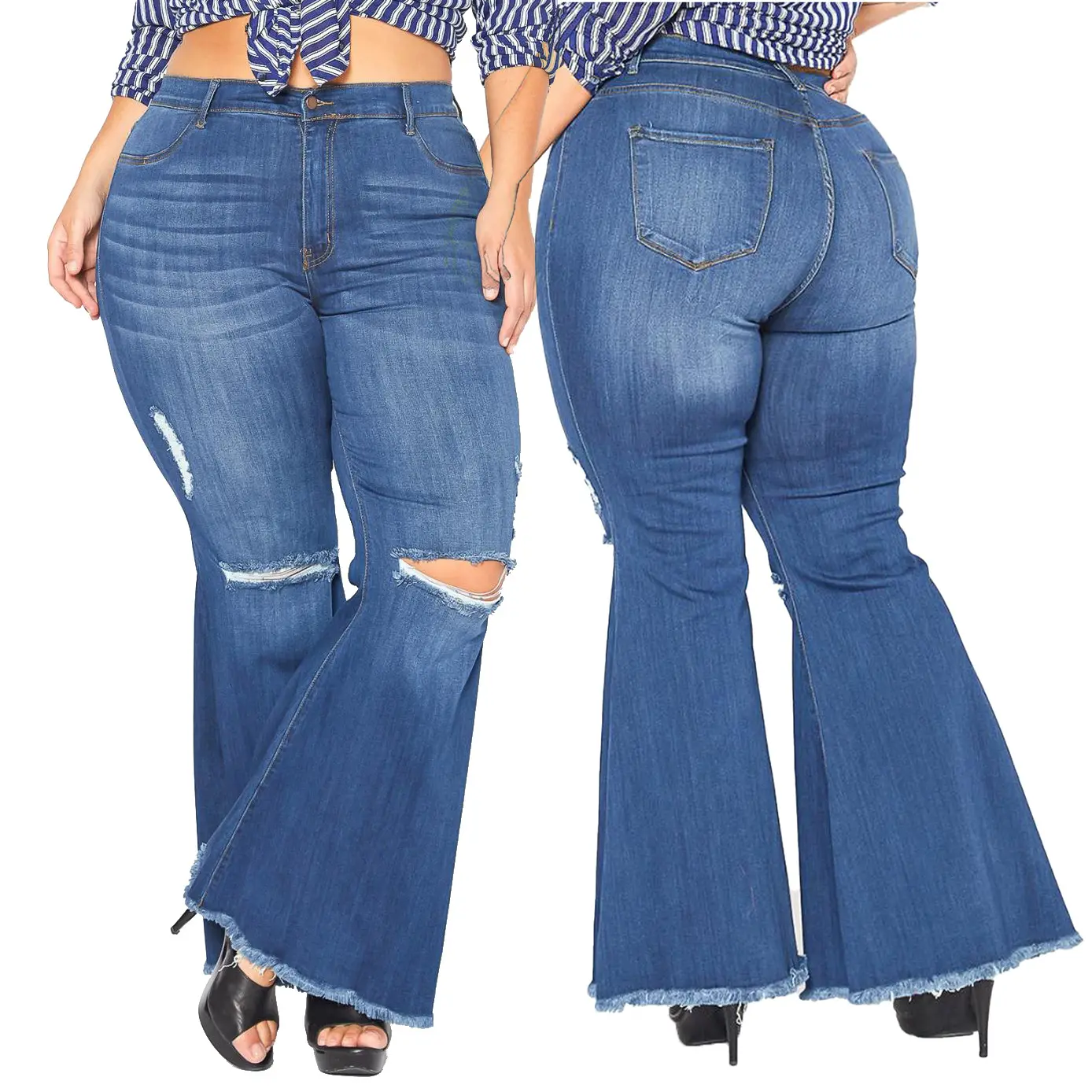 La elasticidad apretado moda 5XL Sexy pantalones vaqueros con agujeros chicas Flare Mujer Plus tamaño pantalones vaqueros