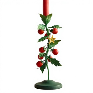 Porte-bougie en fer, feuilles vertes, tomates rouges, fleur jaune, base en métal, décoration de la maison, utilisation pour les fêtes de Noël - Product Image 1