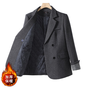Women's Grey Blazer Thickened Woolen Cotton Padded Korean Style Casual Elegant Commuting Outerwear - Product Image 1
