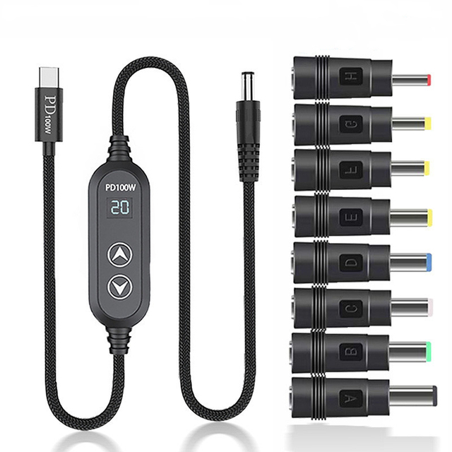 Braided 100W Type C to DC Power Cable with Voltage Memory & 8 DC Tips for Laptops Routers, USB C PD Decoy Cable DC Adapter Tips