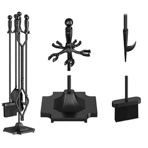 Cast Iron Fireplace Tool Set 5 Piece <b>Poker</b> Tongs Shovel Brush Log Holder With Stand Traditional Style Black Metal <b>Fire</b> Tools - Product Image 4