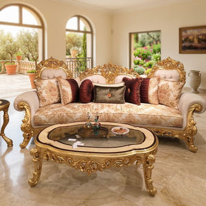 Juego de Sofá Seccional de 3 Plazas de Madera de Teca Sólida Hecho a Mano con Mesa a Juego, Muebles de Sala de Estar de Lujo en Oro Antiguo - Product Image 2