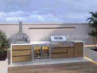 Cuisine extérieure commerciale en aluminium durable Dorene RTA 2026 avec barbecue à gaz, grand four à pizza, tiroirs coulissants