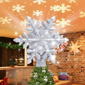 Silver Gold Christmas Tree Topper Glitter Snowflake Stars Decoration Projection Lamp LED Lights For Xmas