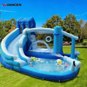 Toboggan aquatique <span class=keywords><strong>gonflable</strong></span> bleu et blanc, combinaison <span class=keywords><strong>de</strong></span> toboggan unique avec des pistes courbes palpitantes et une grande piscine inférieure. - Product Image 2