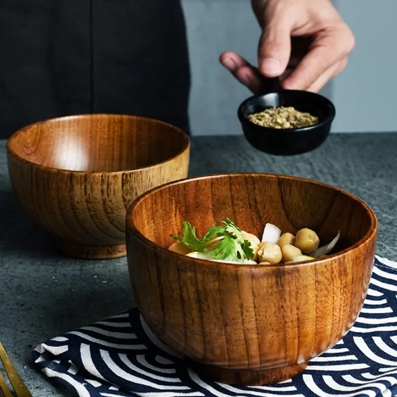 Bol de soupe de riz en bois de Style japonais, bol à salade, récipient alimentaire, grand et petit pour enfants, ustensiles de table en bois