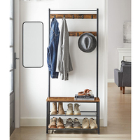 Porte-manteau en métal rustique brun industriel avec rangement à chaussures, banc 3 en 1, arbre de hall, banc d'entrée pour hôtel, salle de bain