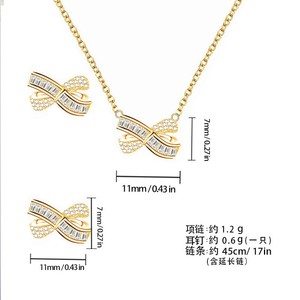 Conjunto de pendientes y collar con lazo de perlas brillantes, engaste de aleación de cobre, conjunto de joyería de moda de lujo para uso diario - Product Image 5