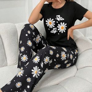 Conjunto de Pijama Corto de Terciopelo con Estampado de Margaritas para Mujer, Cintura Elástica, Cierre Frontal, Transpirable, Suave, Poliéster y Spandex, Casual - Product Image 1