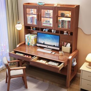 Solid Wood <b>Desk</b> And Bookshelf Integrated Student Computer <b>Desk</b> 80x60x186cm For Bedroom Kids <b>Study</b> Furniture Set - Product Image 1