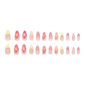 Juego de uñas acrílicas, prensa <span class=keywords><strong>francesa</strong></span> de almendra corta en las uñas, diseño Simple, flor amarilla y rosa, Uñas postizas diarias hechas a mano, <span class=keywords><strong>manicura</strong></span> - Product Image 4
