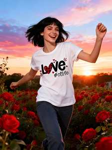 T-shirt con stampa Love Letter da donna, manica corta, girocollo, top casual, 100% cotone jersey, moda primavera estate - Product Image 3