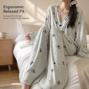 Conjunto de Pijama Acanalado para Mujer, Manga Larga, Ropa de Estar por Casa, Abotonado, Estampado de Puntos y Lazos, Largo Completo, Ropa de Dormir de Bambú - Product Image 3