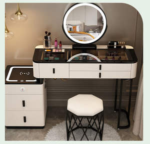 Muebles de Dormitorio al por Mayor, Tocador de Lujo con Tapa de Cristal, Tocador de Maquillaje con Carga Inalámbrica, Gabinete Inteligente para Villa. - Product Image 5