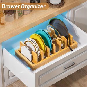 <span class=keywords><strong>Organizador</strong></span> de ollas y <span class=keywords><strong>sartenes</strong></span> de madera de bambú, <span class=keywords><strong>organizador</strong></span> de tapas de ollas de madera, estante para cajón de encimera con 7 divisores ajustables - Product Image 4