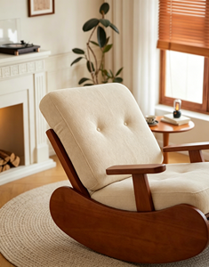 Sillón mecedora retro de madera maciza con otomana, conjunto de sillón reclinable tapizado en pana para sala de estar - Product Image 4