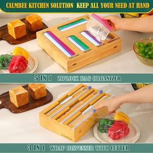 9 in 1 대나무 랩 디스펜서 (커터 포함) 및 이중 지퍼백 정리함, 모던 주방 식품 보관 랙 - Product Image 2