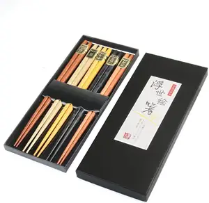 Многоразовые натуральные моющиеся палочки, набор для еды в роскошной черной коробке, 5 пар деревянных палочек для еды