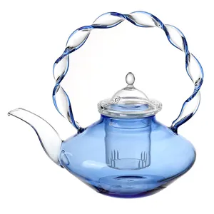 600ML/20OZ Heat Resistant Removable l Infuser Colorful Blue Glass Teapot for Tea and Coffee, Clear Leaf Tea Pots