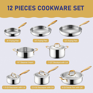 Ensemble de casseroles en acier inoxydable moderne de 12 pièces avec poignées dorées et couvercles en verre, compatible avec les cuisinières à gaz et à induction - Product Image 2