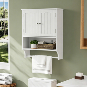Armoire murale <span class=keywords><strong>de</strong></span> salle <span class=keywords><strong>de</strong></span> bain <span class=keywords><strong>blanche</strong></span>, rangement au-dessus des toilettes, armoire à pharmacie en bois, 2 portes, étagère ouverte, <span class=keywords><strong>porte</strong></span>-serviettes, montage mural, OEM personnalisé - Product Image 5