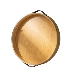 Bamboo <b>Round</b> <b>Serving</b> <b>Tray</b> With Leather Handle For Tea Coffee Hotel Use Extra Small Small Medium Large Sizes Available - Product Image 5