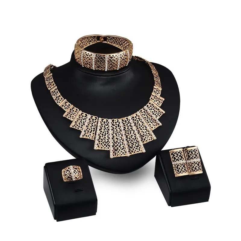 Retro estilo étnico de novia paquistaní conjunto de joyas chapado en oro novias, collar, pulsera, anillos pendientes 4pcs conjunto de joyería de la boda