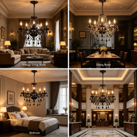 Lustre vintage noir en cristal avec bras ornés, lumière sombre glamour pour salle à manger, chambre à coucher, hall d'hôtel