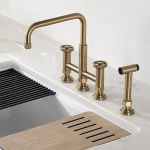 English Cottage Style Brass Two Handles Bridge Kitchen Faucet with Side Sprayer