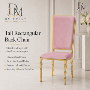 Chaise de mariage rectangulaire avec dossier rembourré en acier inoxydable doré et revêtement rose pour les mariages et les événements de banquet - Product Image 2