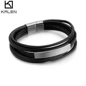 KALEN-pulsera en capas de cuero negro y Metal plateado para hombre, 220X8mm