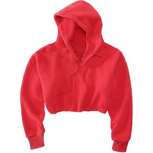 <b>Red</b> <b>Cropped</b> Hooded Sweatshirt Long Sleeve Solid Color Casual Fleece <b>Top</b> for Women Autumn Wear - Product Image 1