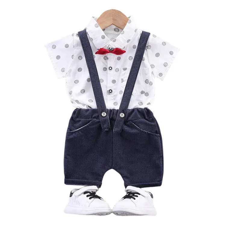 Baby Boys Gentleman Outfits Clothes Toddler Summer Short Sleeve Bowtie Shirt Suspender Shorts Set